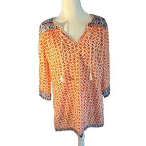 J McLaughlin  Tunic  Women's Size Small Orange V-Neck Cotton Zigzag Resort Boho
